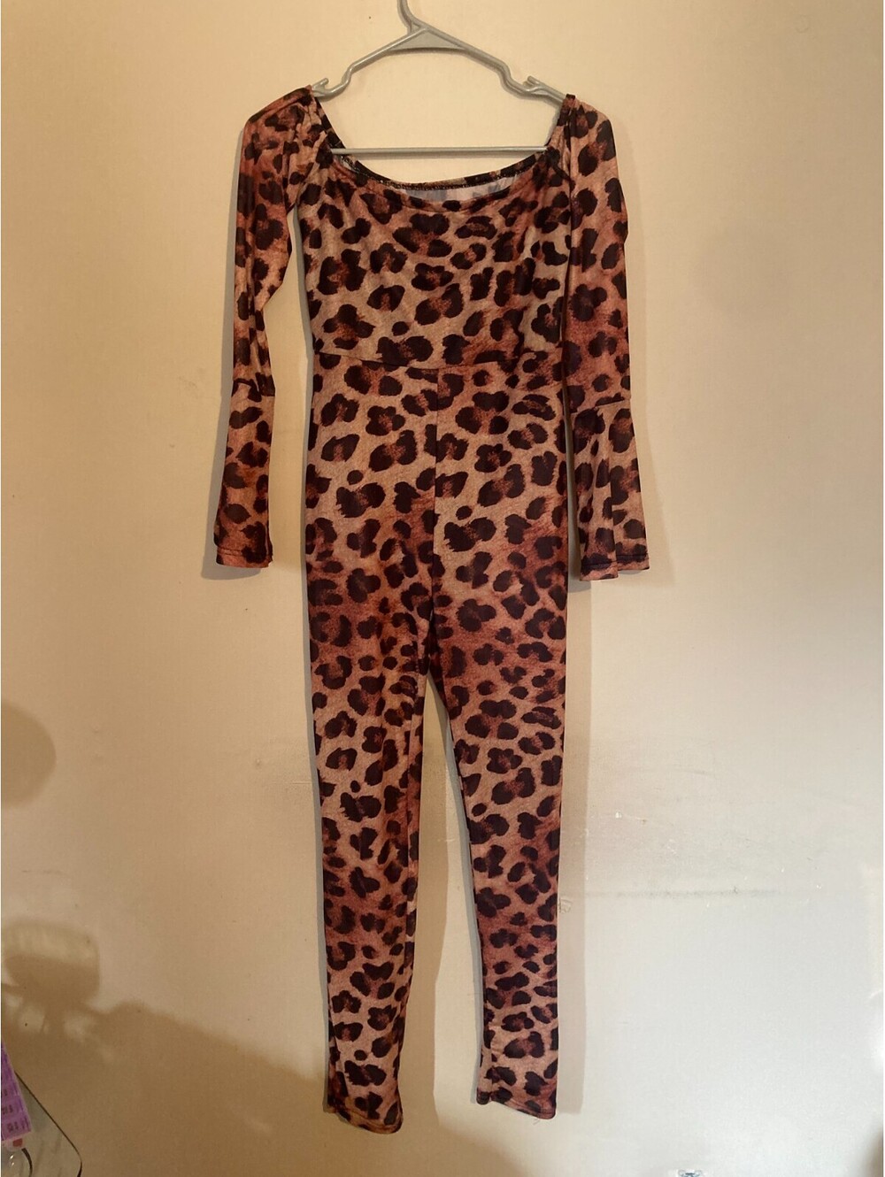 Womens Animal Print Jumpsuit Brown Tan Long Sleeve - size Medium